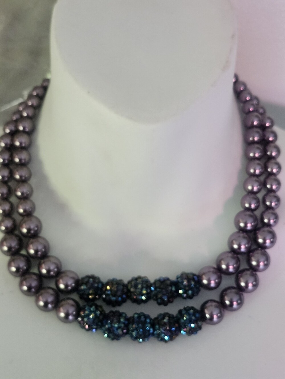 Vtg Purple Faux Pearl Double-Strand Necklace with Dark Crystal Bead Accents